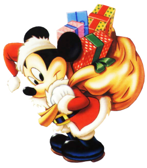 Mickey Mouse dressed as Santa ready to give gifts to children