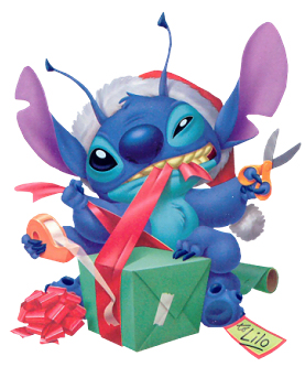 Stitch wrapping Christmas gifts