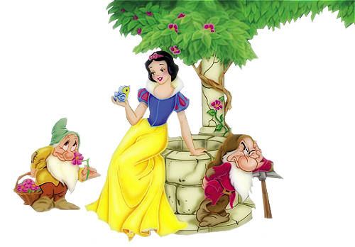Snow White with Bashful and Grumpy at the wishing Well
